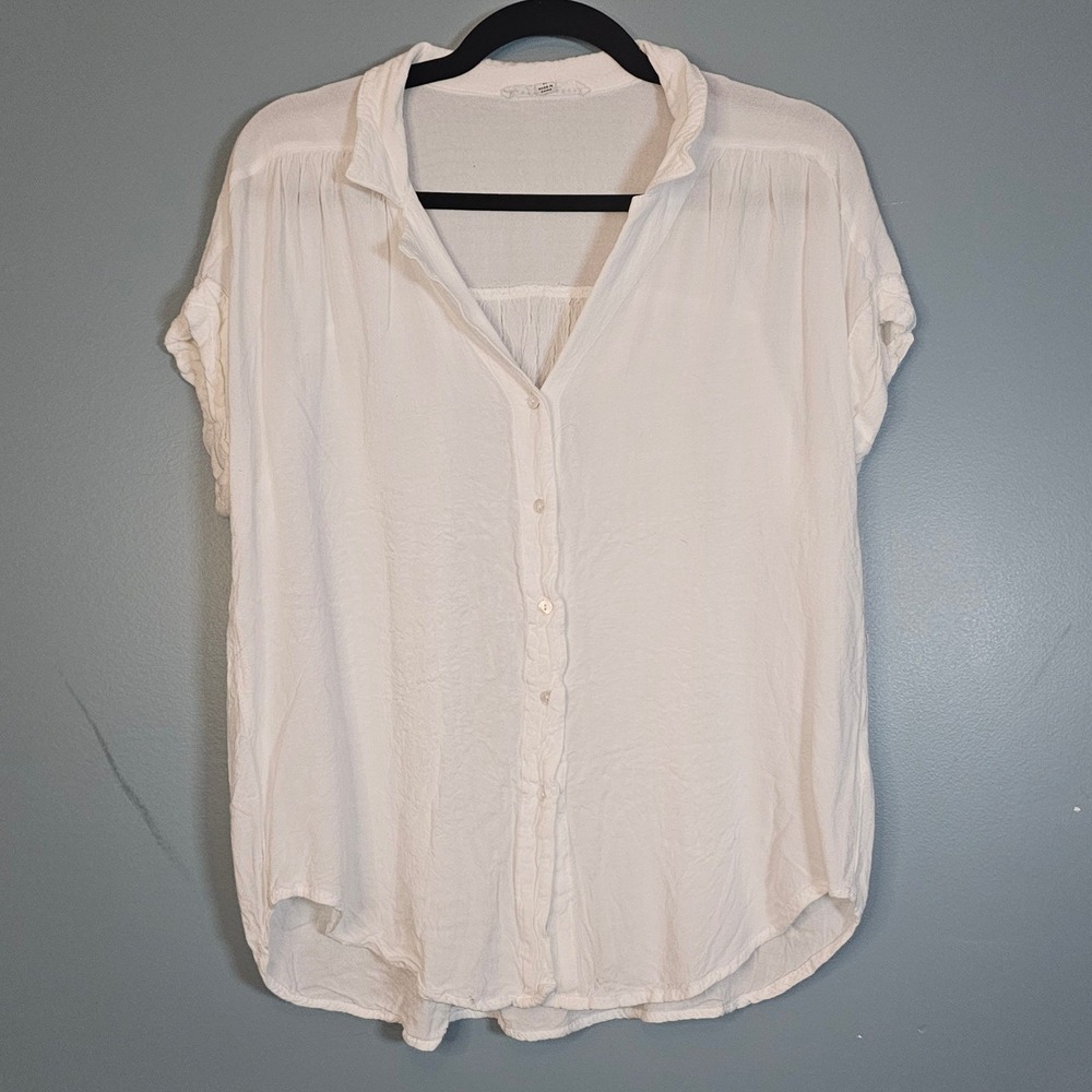 Jane + Delancey White Button Down Short Sleeve Rayon Gauze Top Blouse Medium